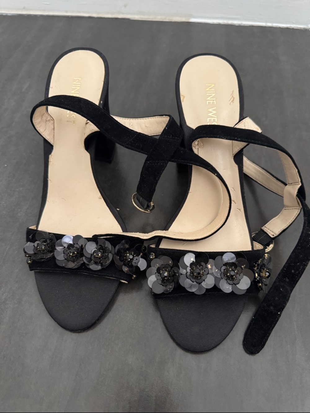 Nine West Black Floral Sequin Heel Sandals
